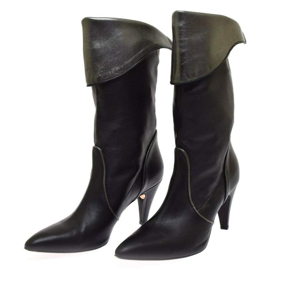 Fornarina Black Leather Silver Gray Metal Cuff Pointed Toe Boots 40 US 9